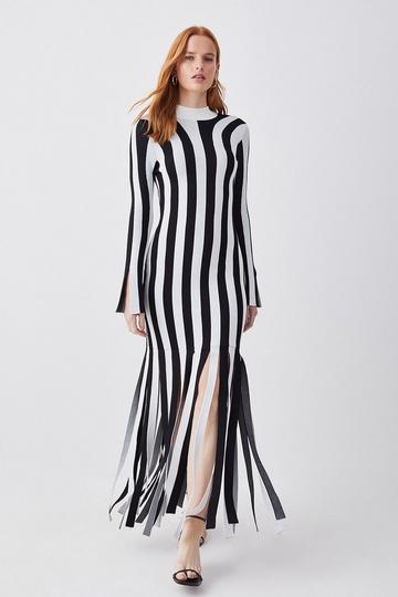 Stripe Shredded Hem Jacquard Maxi Column Dress mono