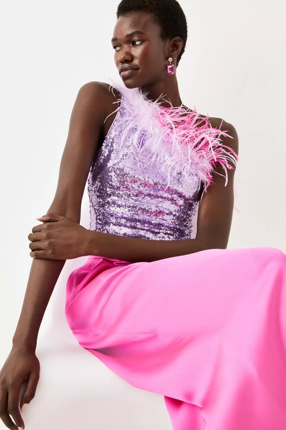 Sequin And Feather One Shoulder Top | Karen Millen
