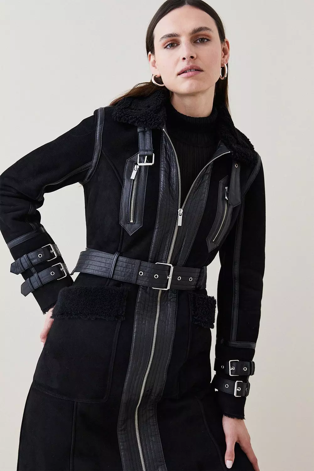 Leather Shearling Mix Long Aviator Coat Karen Millen