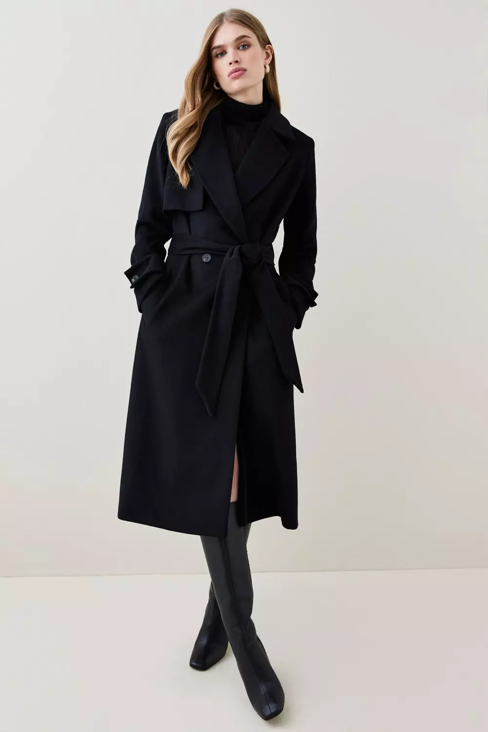 Italian Luxurious Textured Wool Belted Trench Coat Karen Millen