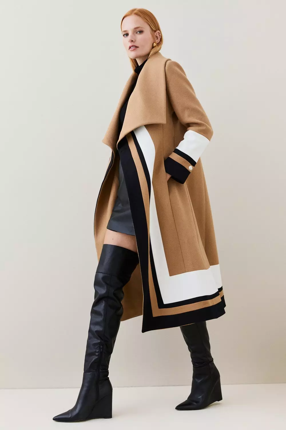 Italian Virgin Wool Colourblock Belted Wrap Coat Karen Millen