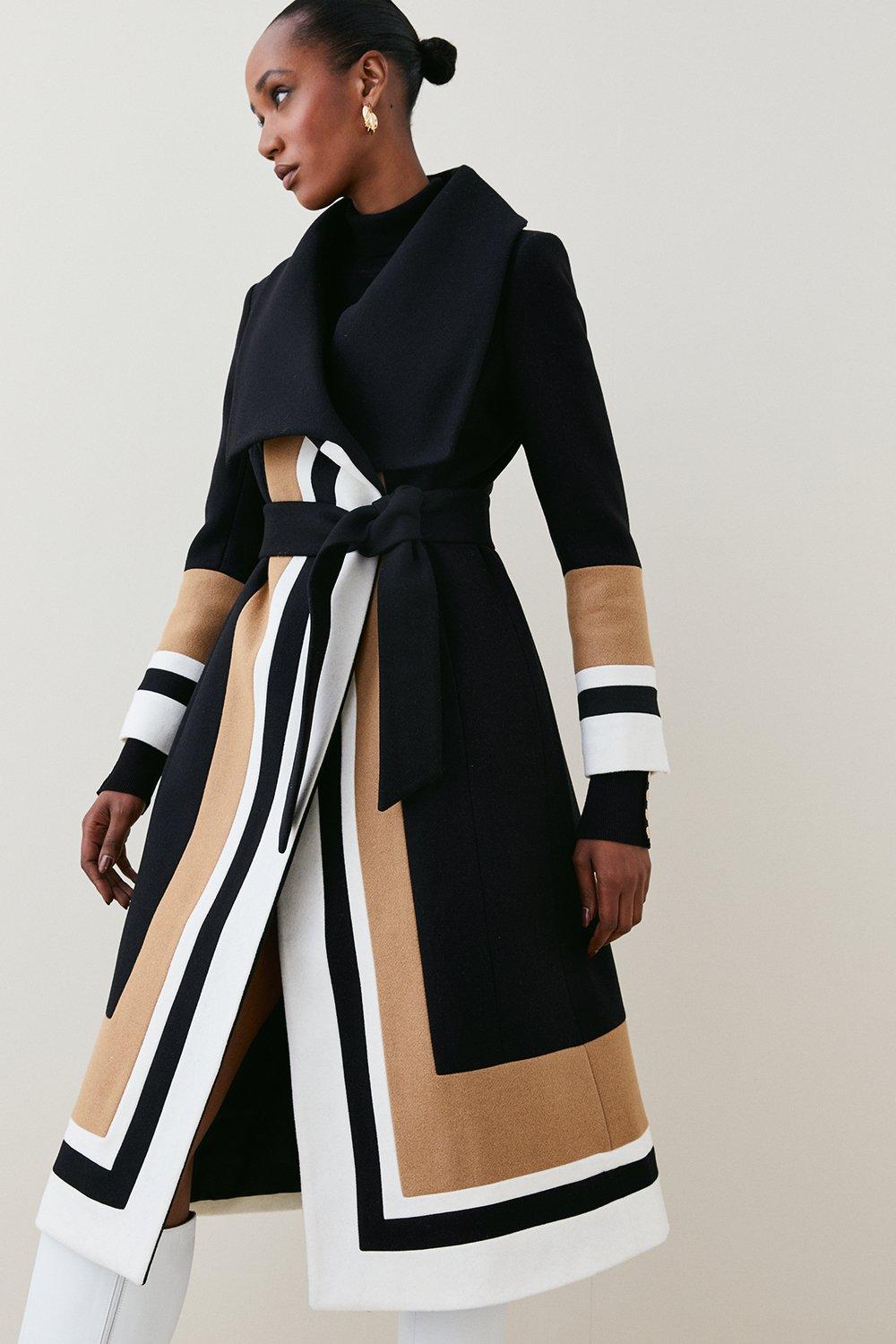 Italian Virgin Wool Colourblock Belted Wrap Coat Karen Millen