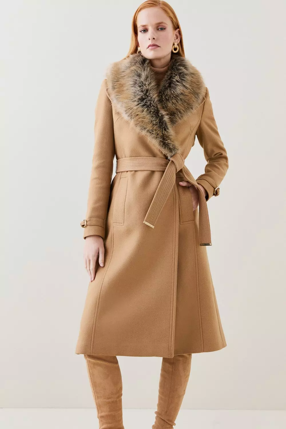 Italian Virgin Wool Faux Fur Collared Coat Karen Millen