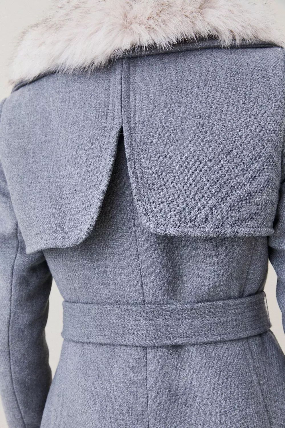 Italian Wool Cashmere Mix Faux Fur Collared Belted Coat