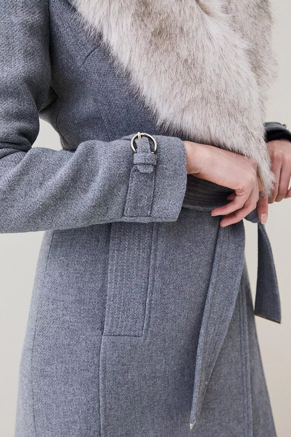 Italian Wool Cashmere Mix Faux Fur Collared Belted Coat