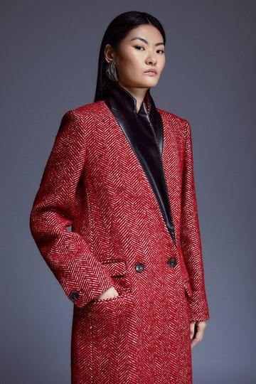 Red Italian Herringbone Wool Pu Collar Coat