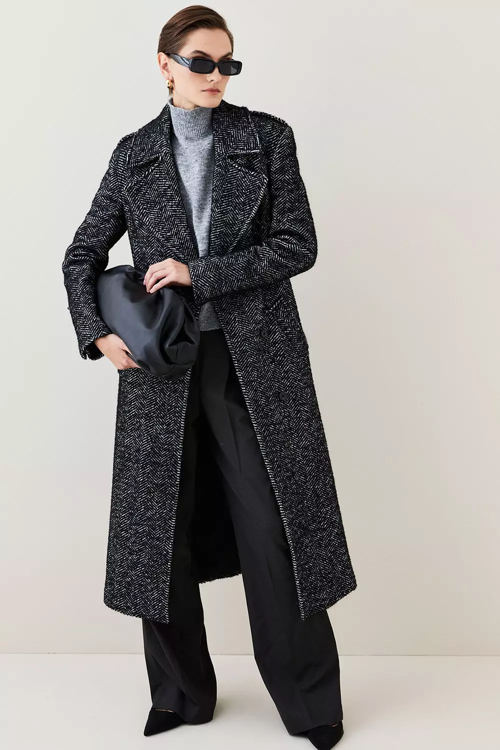 Italian Herringbone Wool Belted Trench Coat Karen Millen