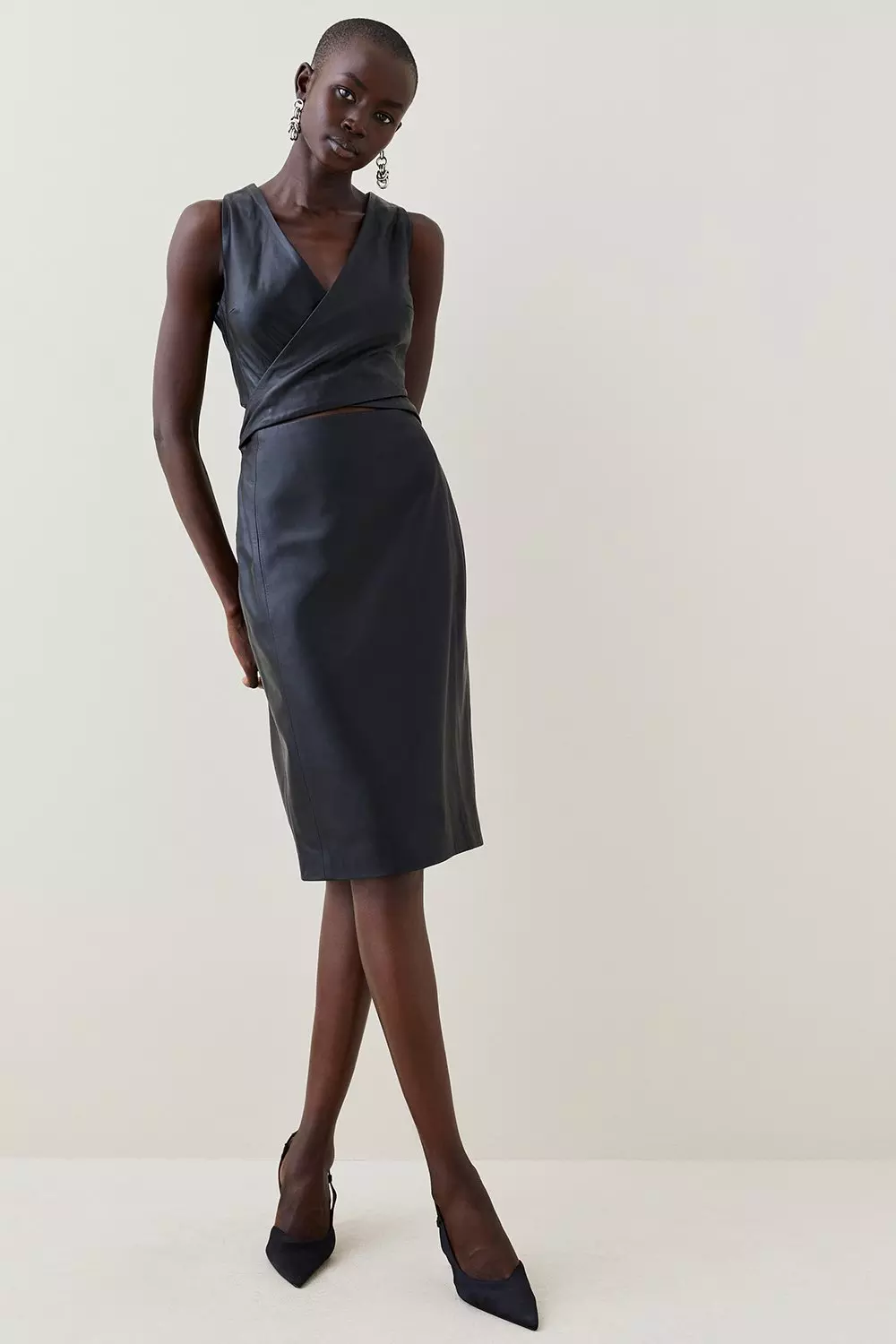 Black Leather Cross Front Midi Pencil Dress alternative image
