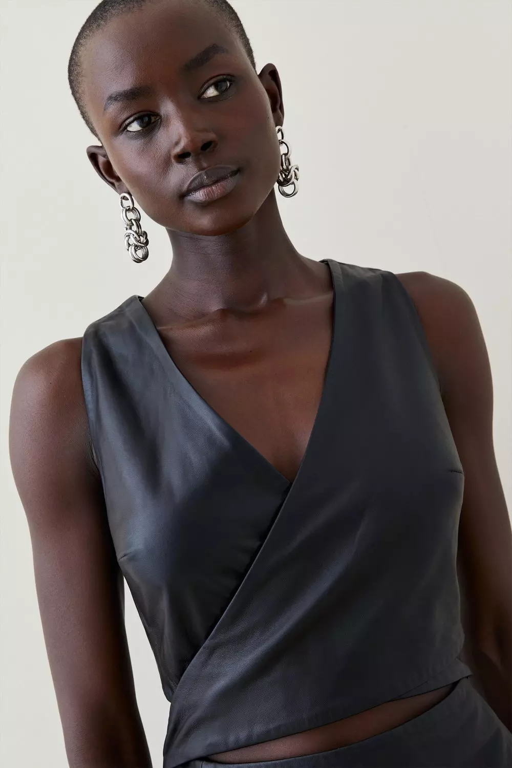 Black Leather Cross Front Midi Pencil Dress alternative image