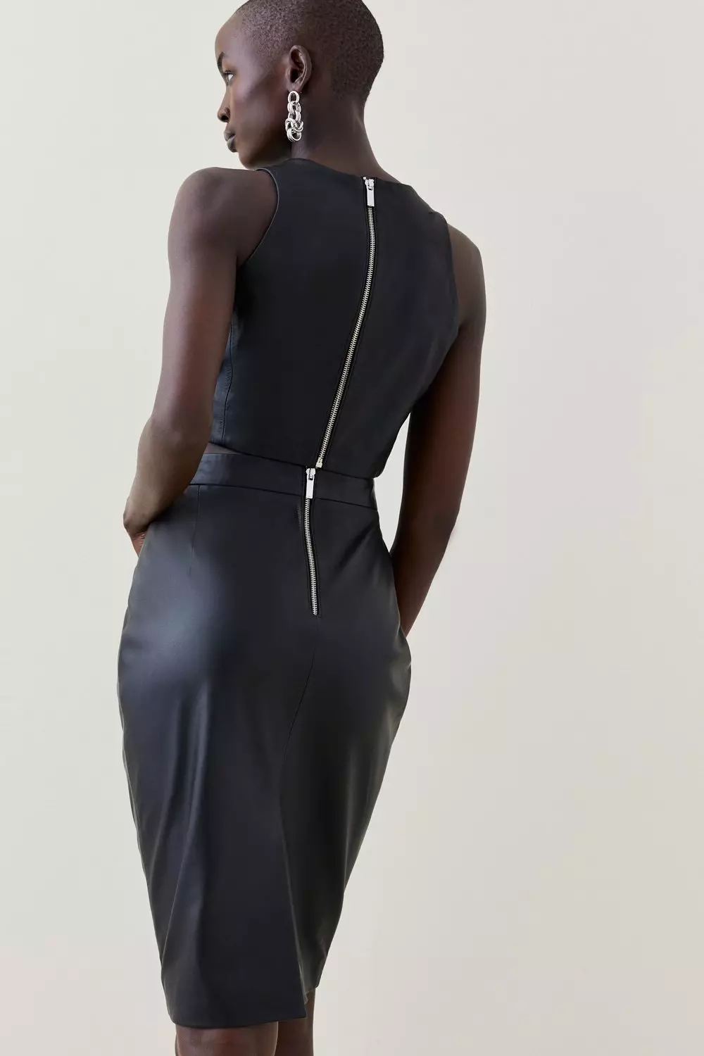 Black Leather Cross Front Midi Pencil Dress alternative image