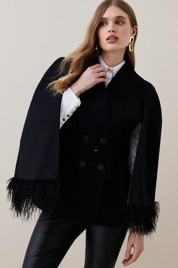 Italian Virgin Wool Feather Hem Cape Coat black