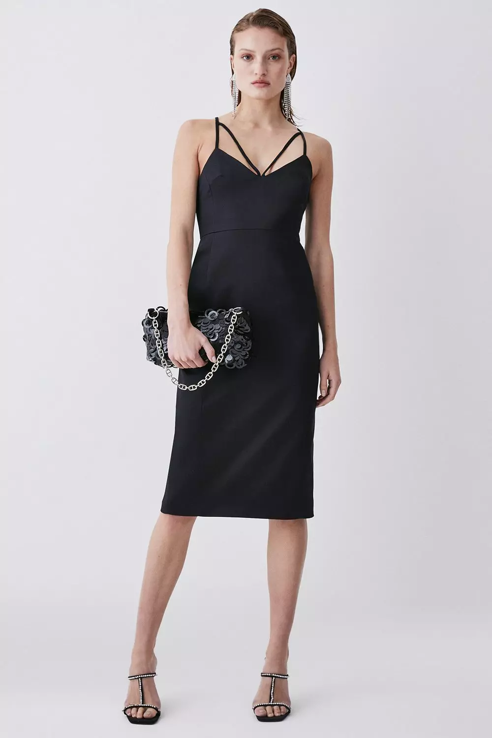 Italian Structured Satin Tailored Pencil Midi Dress Karen Millen