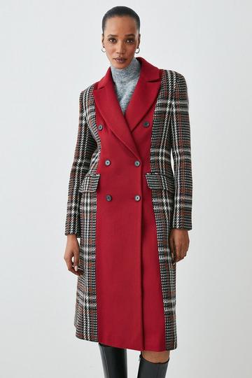 Red Italian Virgin Wool Colorblock Tweed Coat