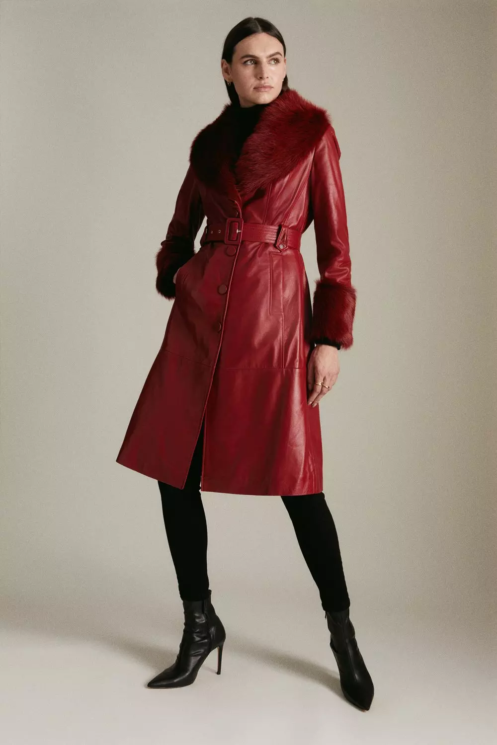 Tall Shearling Cuff And Collar Leather Coat | Karen Millen