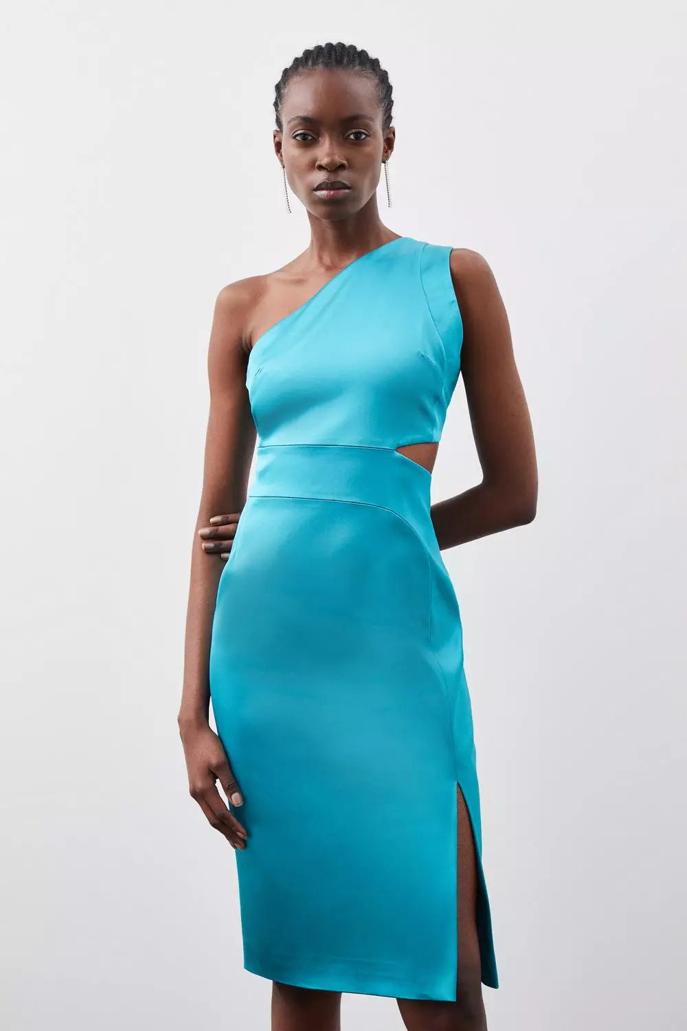 Italian Structured Satin Tailored Asymmetric Pencil Midi Dress Karen Millen