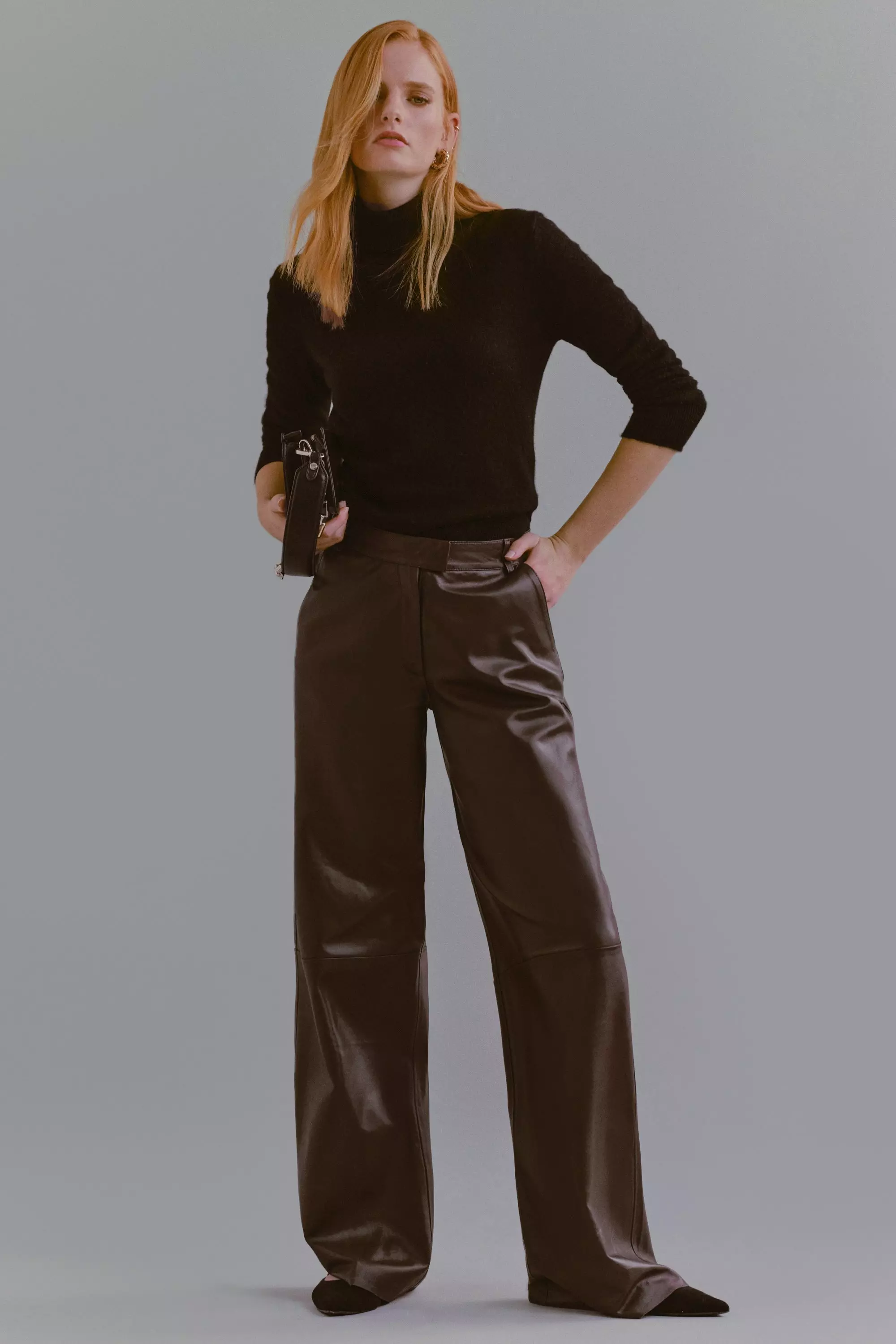 Chocolate Leather Clean Wide Leg Trousers  alternative image