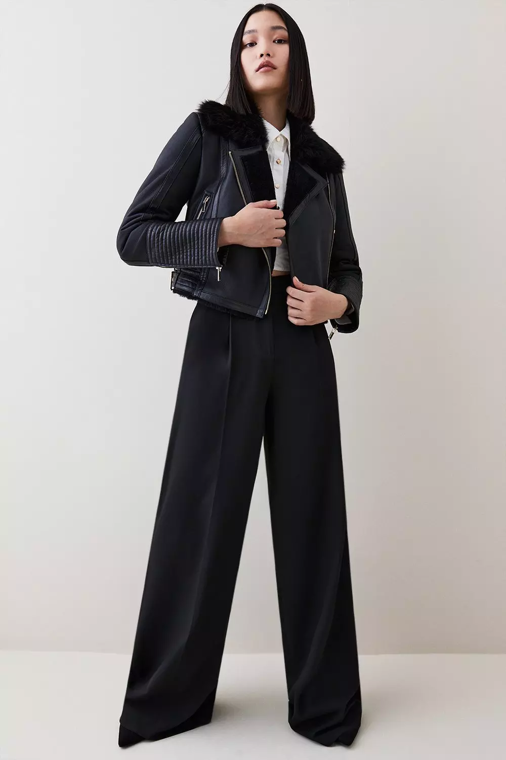 Leather Multi Stitch Cuff Shearling Lined Coat Karen Millen