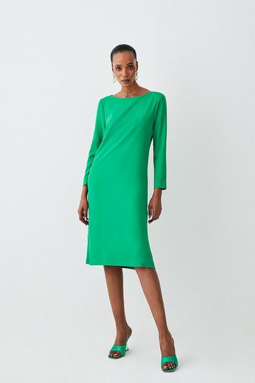 Green Compact Stretch Viscose Sleeved Clean Tailored Midi Dress