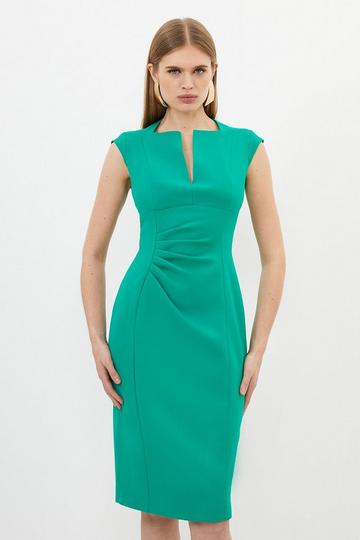 Tailored Structured Crepe Envelope Neck Pencil Midi Dress green