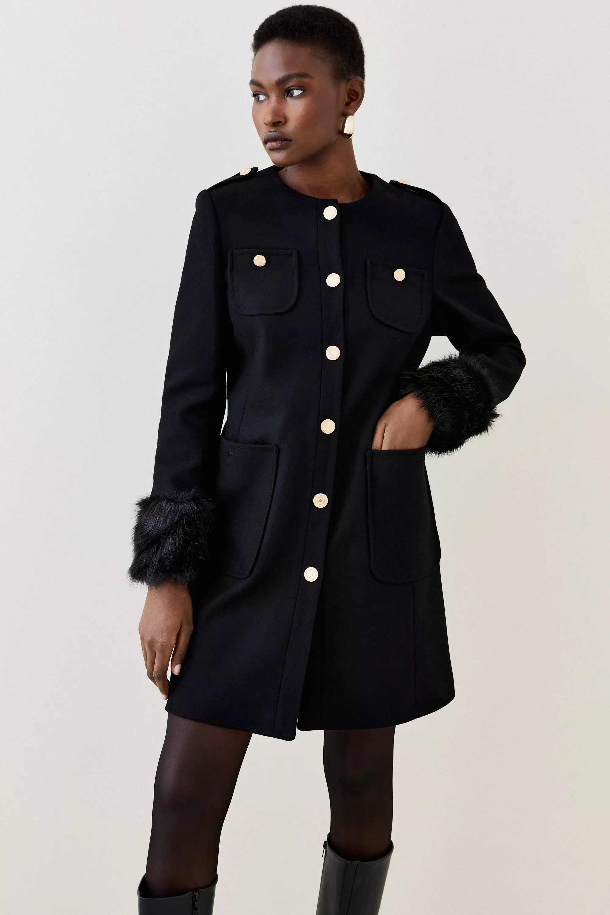 Italian Manteco Wool Faux Fur Cuff Midi Coat Karen Millen