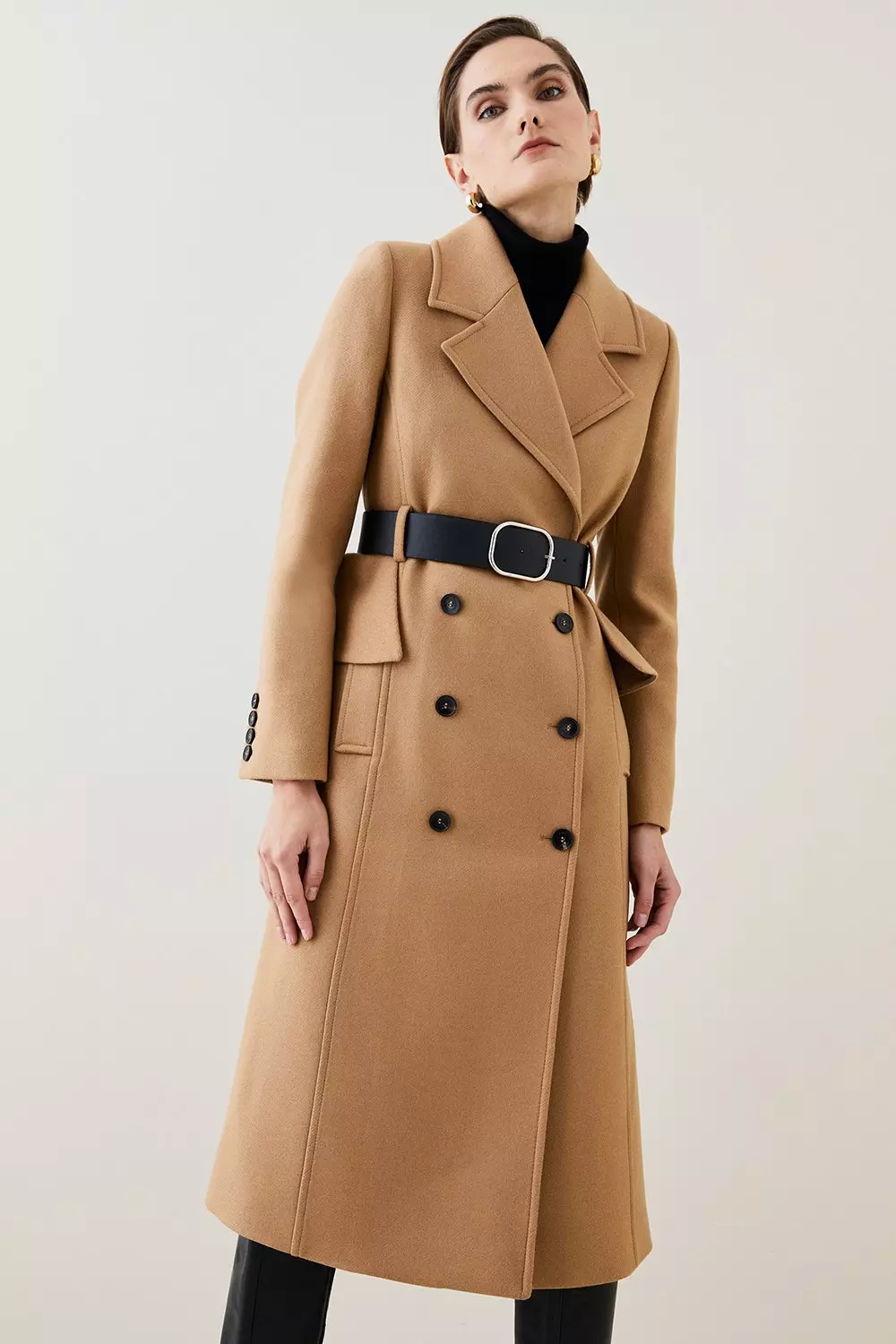 Camel Italian Virgin Wool Belted Midi Peplum Coat   alternative image
