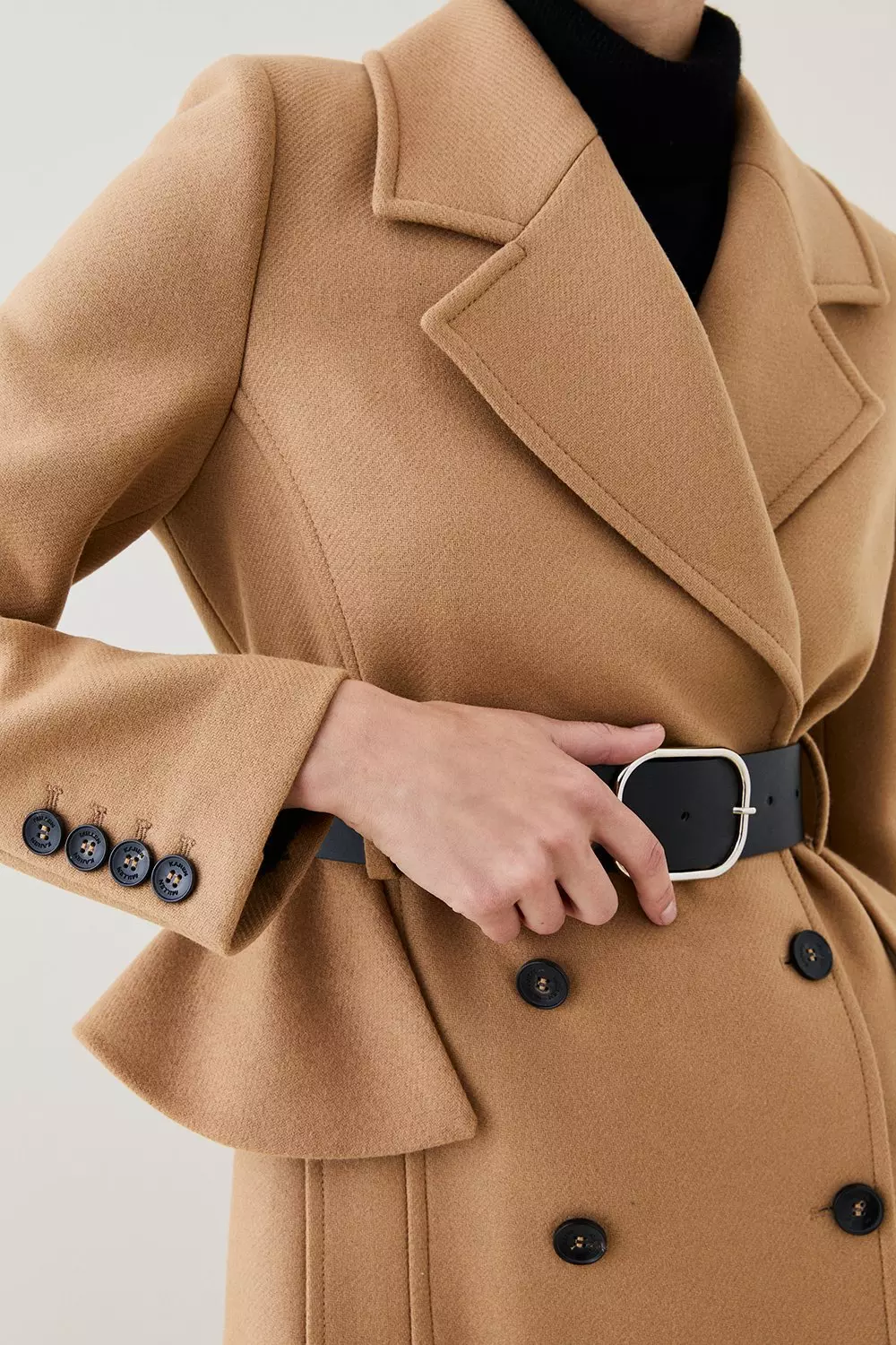 Camel Italian Virgin Wool Belted Midi Peplum Coat   alternative image