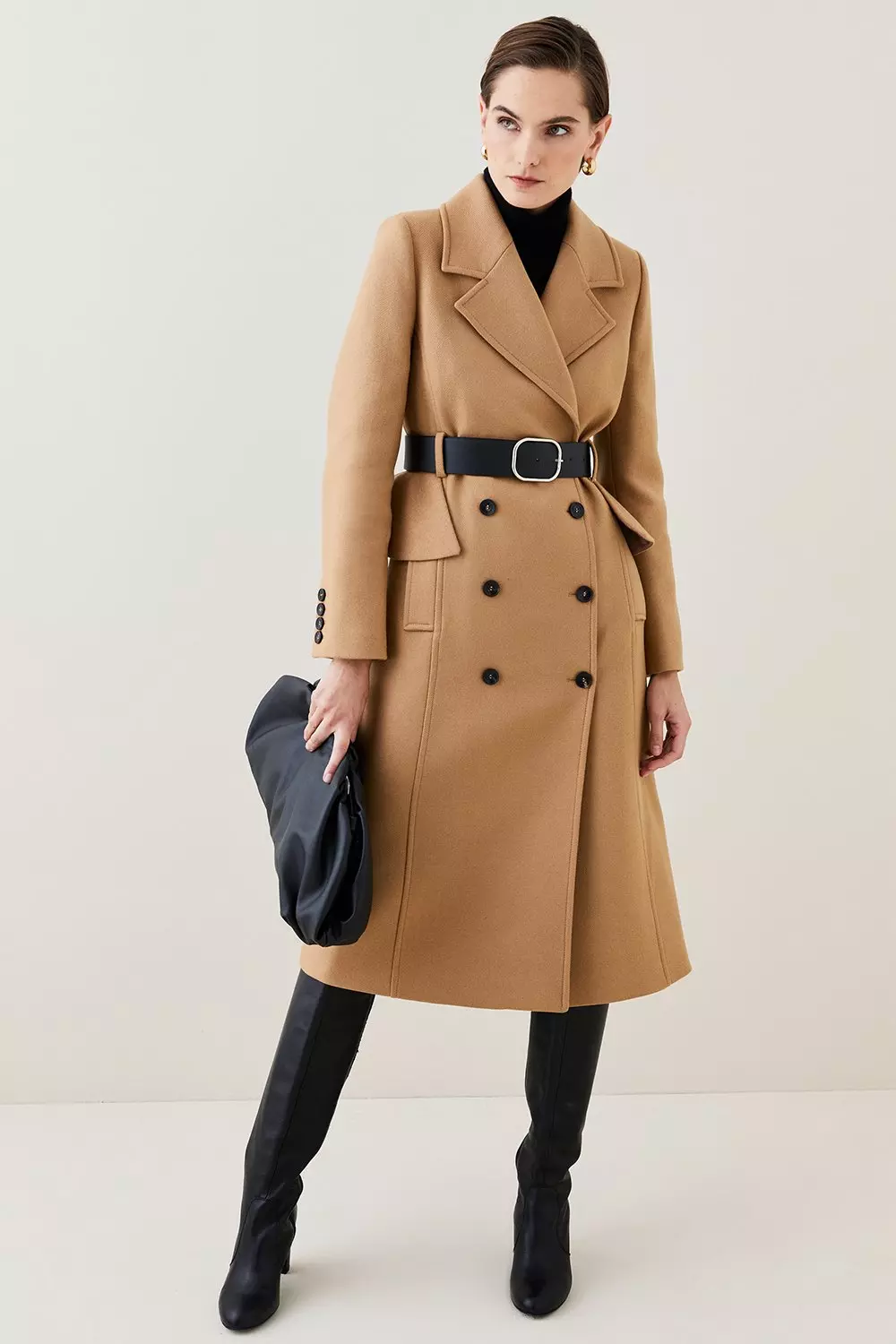 Camel Italian Virgin Wool Belted Midi Peplum Coat   alternative image