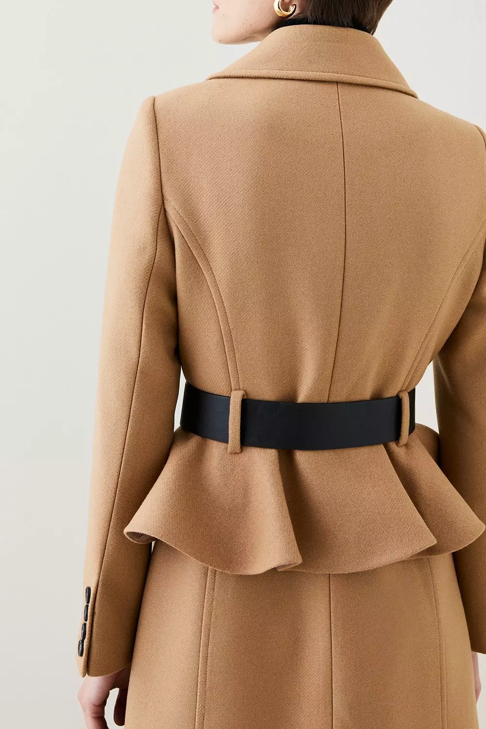 Camel Italian Virgin Wool Belted Midi Peplum Coat   alternative image