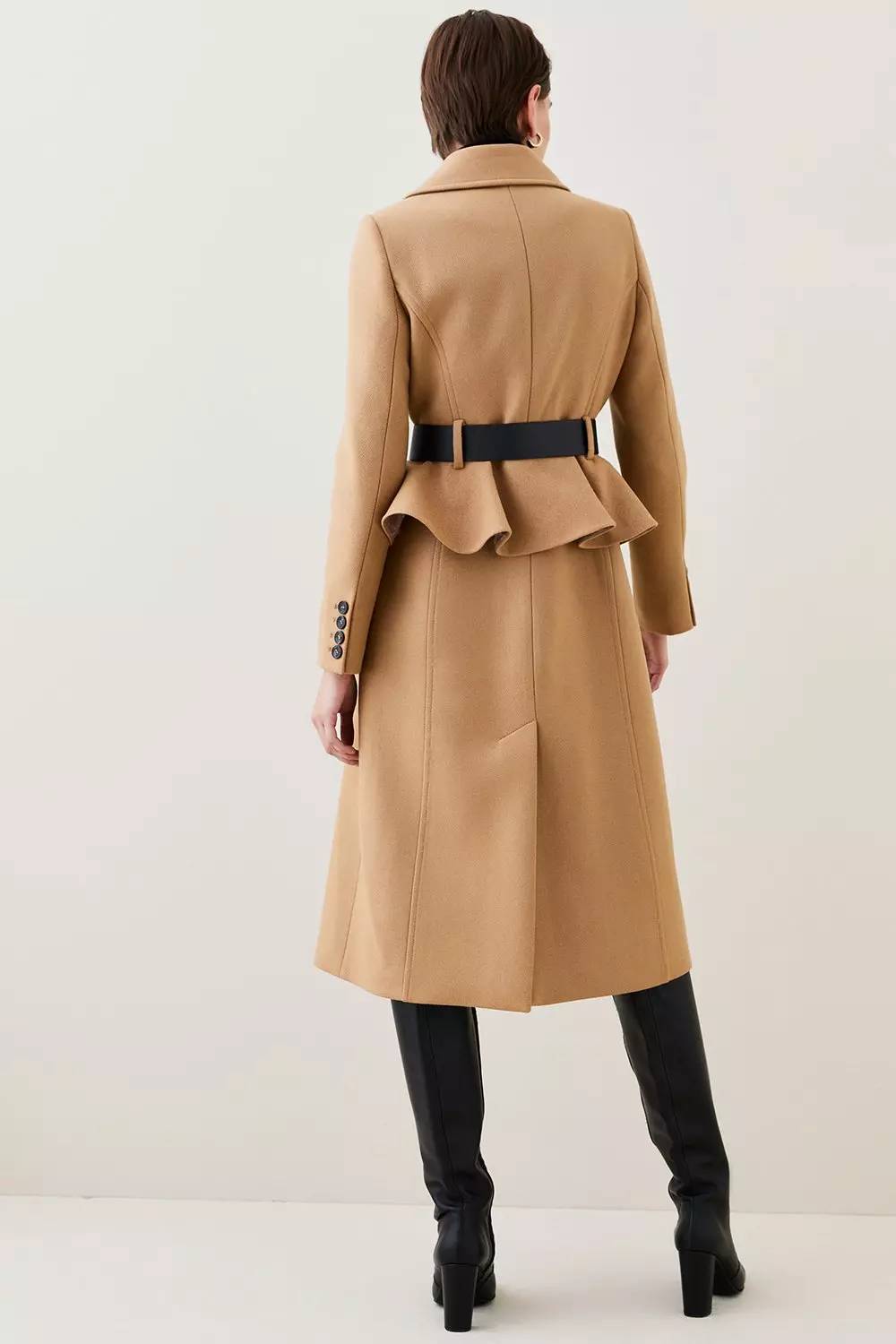 Camel Italian Virgin Wool Belted Midi Peplum Coat   alternative image