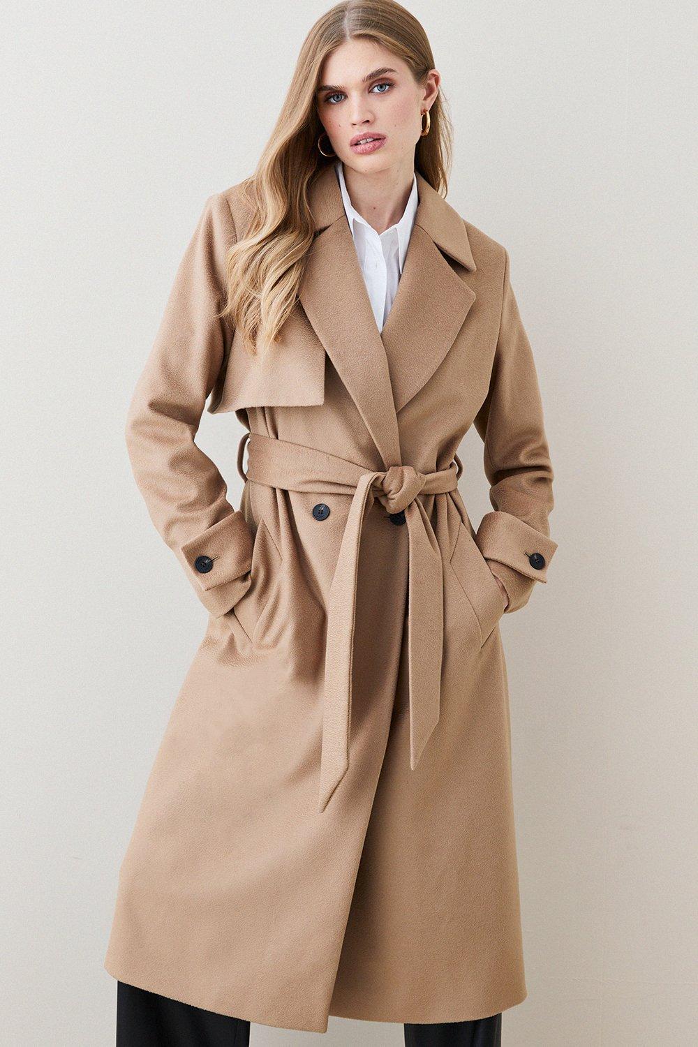 Petite Italian Luxurious Textured Wool Luxe Belted Trench Coat Karen Millen