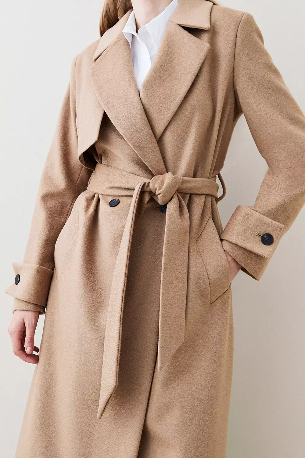 Petite Italian Luxurious Textured Wool Luxe Belted Trench Coat Karen Millen