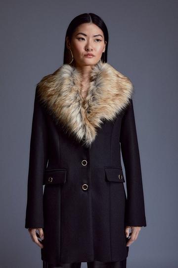 Italian Wool Mix Faux Fur Collar Short Coat black