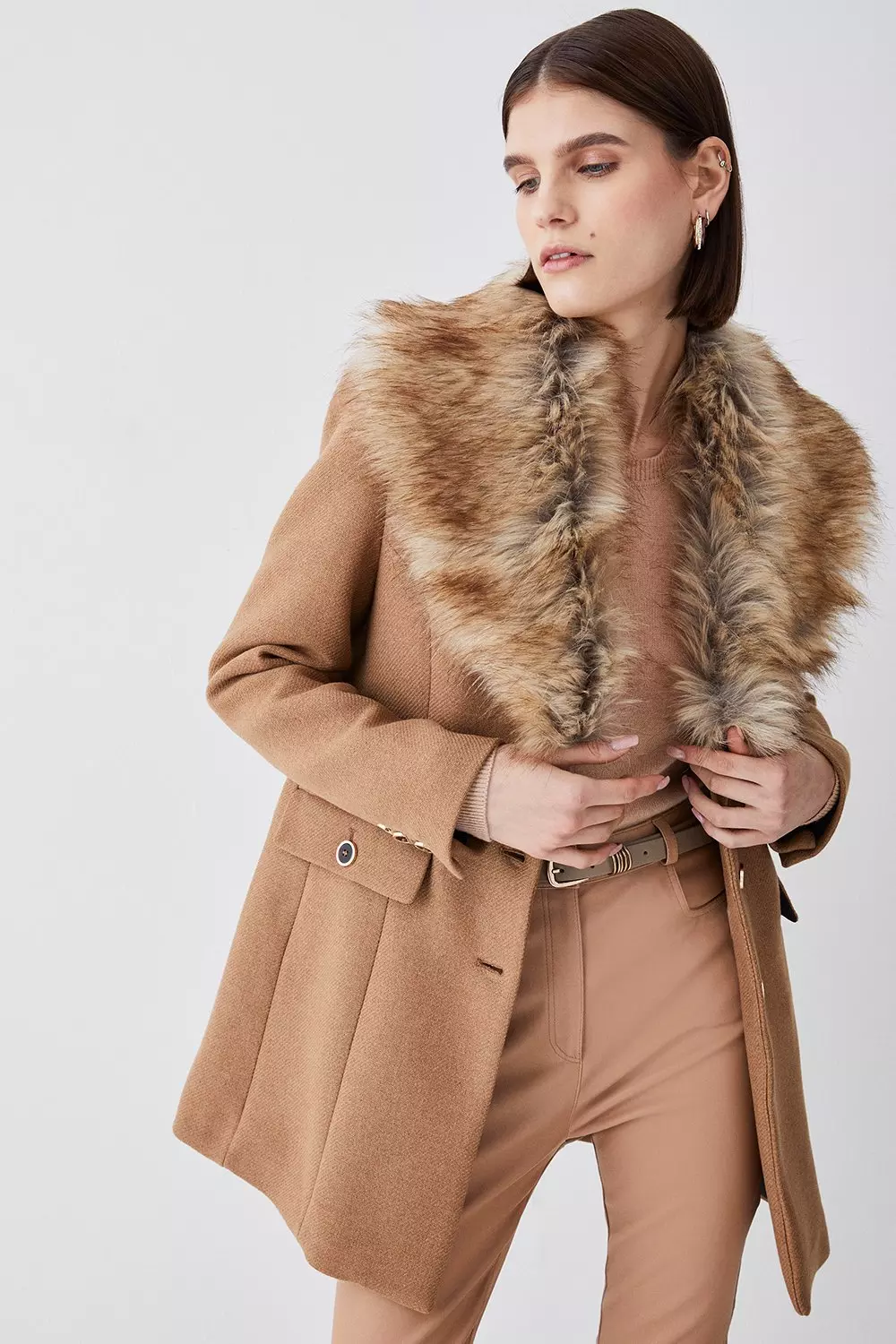 Italian Manteco Wool Mix Faux Fur Collar Short Coat Karen Millen