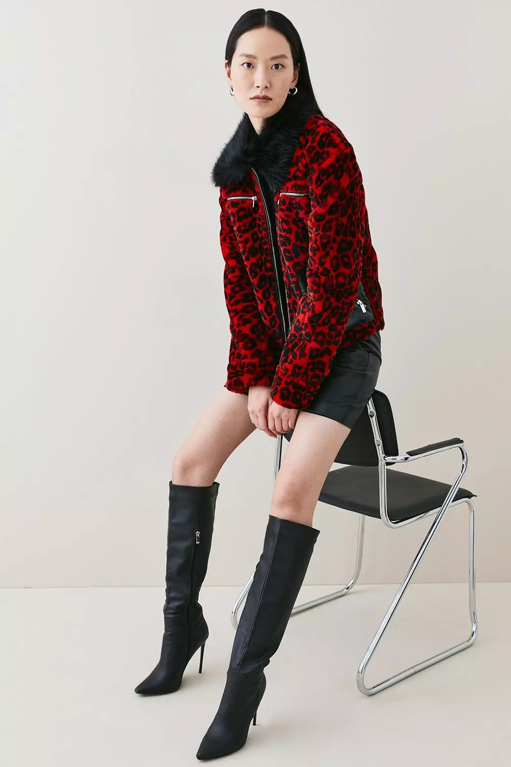 Shearling Leopard Print Vinyl Contrast Coat Karen Millen