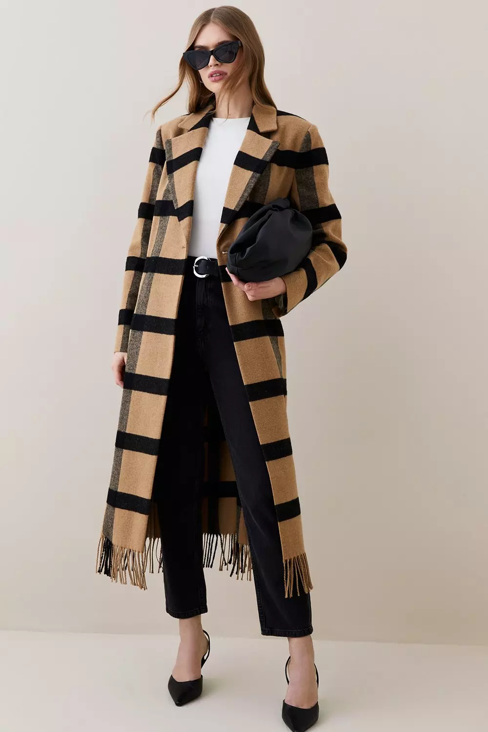 Italian Wool Check Fringe Hem Belted Coat | Karen Millen