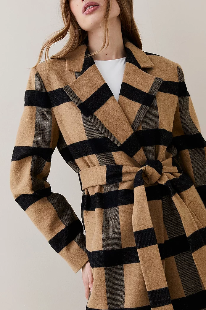 Italian Wool Check Fringe Hem Belted Coat | Karen Millen Italian Wool Check Fringe Hem Belted Coat | Karen Millen