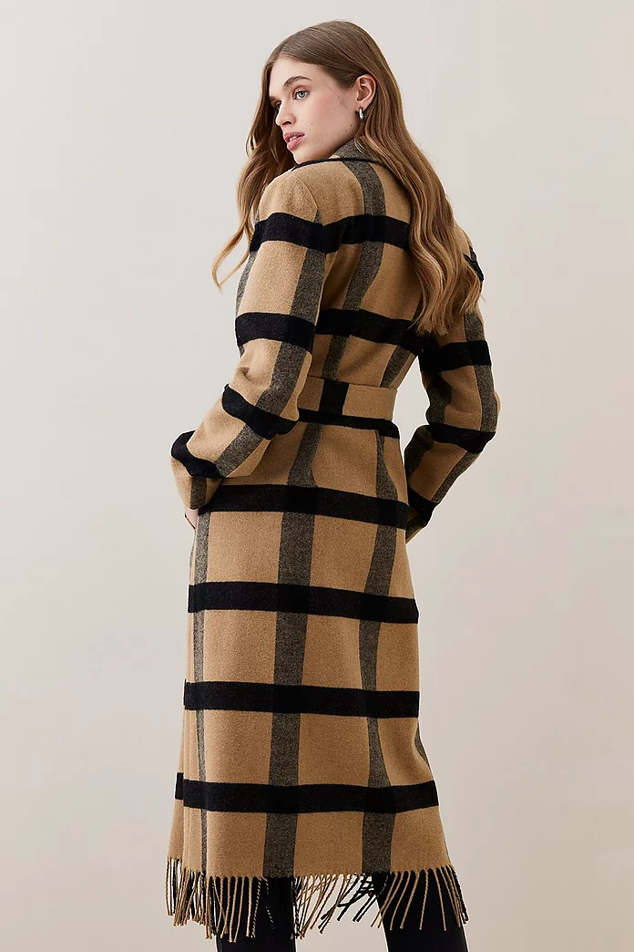 Italian Wool Check Fringe Hem Belted Coat | Karen Millen Italian Wool Check Fringe Hem Belted Coat | Karen Millen