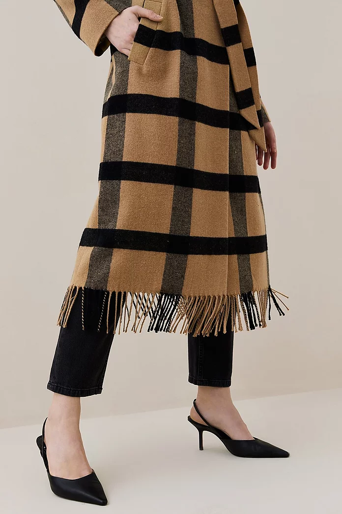 Italian Wool Check Fringe Hem Belted Coat | Karen Millen Italian Wool Check Fringe Hem Belted Coat | Karen Millen