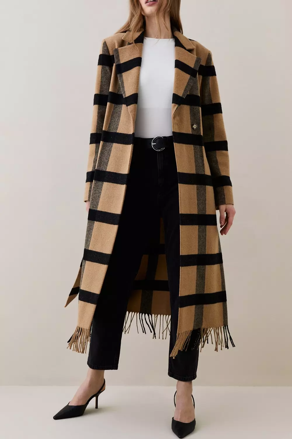 Italian Wool Check Fringe Hem Belted Coat | Karen Millen