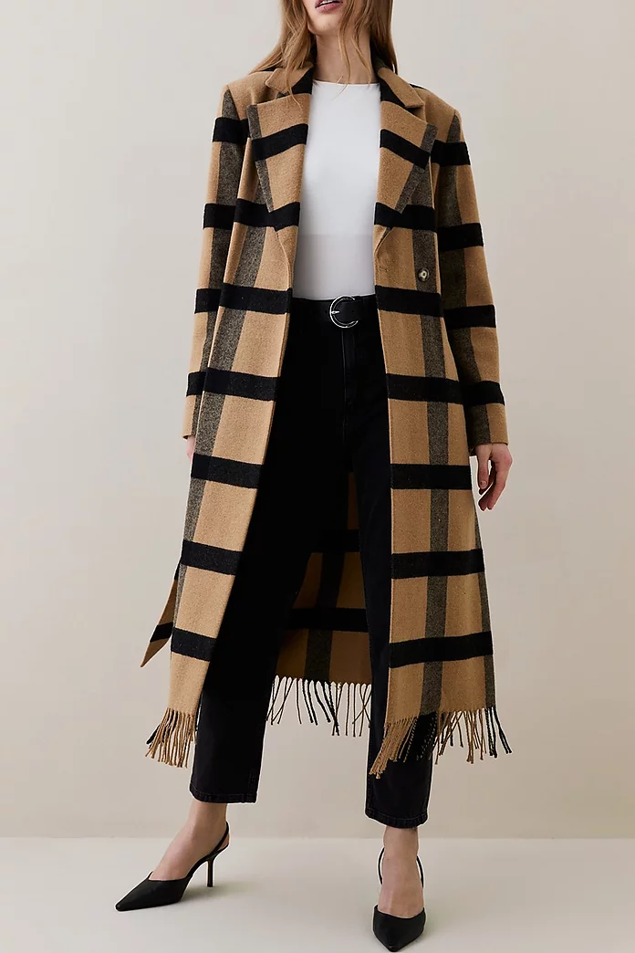 Italian Wool Check Fringe Hem Belted Coat | Karen Millen Italian Wool Check Fringe Hem Belted Coat | Karen Millen