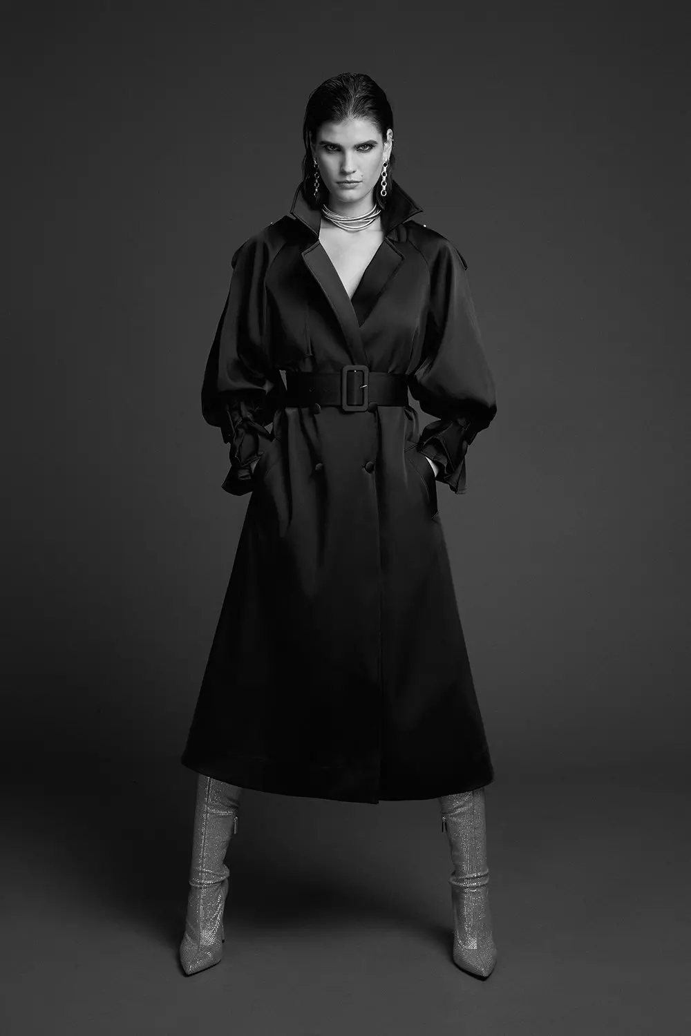 KAREN MILLEN フェイクシアリングコントラストトリム コート Premium Satin Belted Trench Coat | Karen Millen