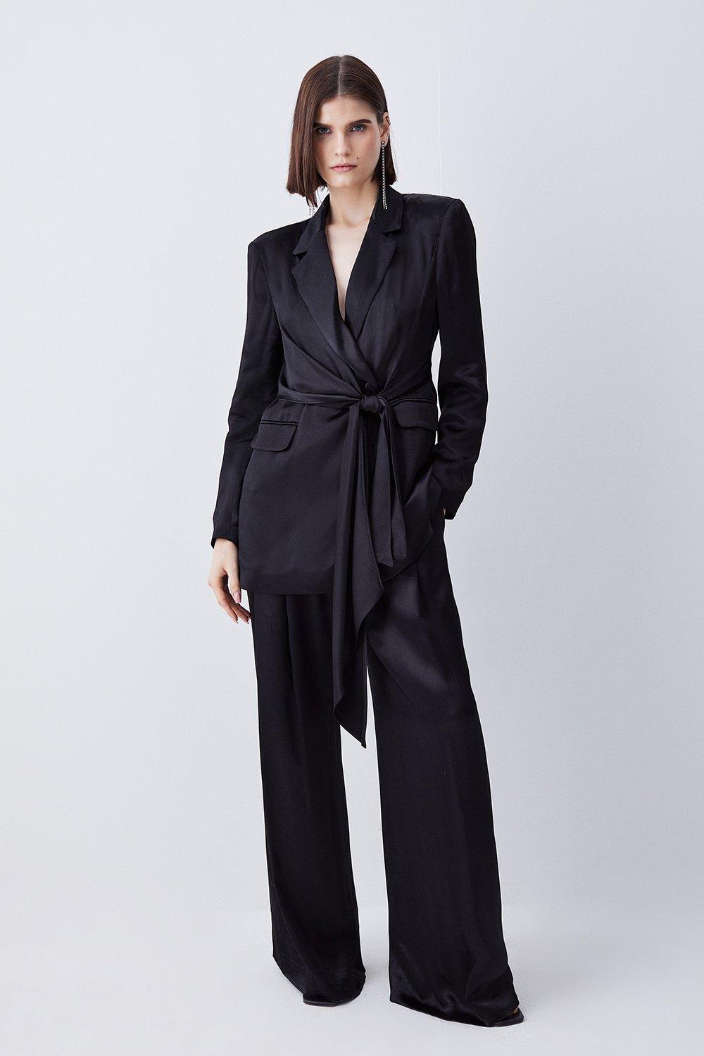 Black Satin Back Crepe Tie Waist Tailored Blazer 