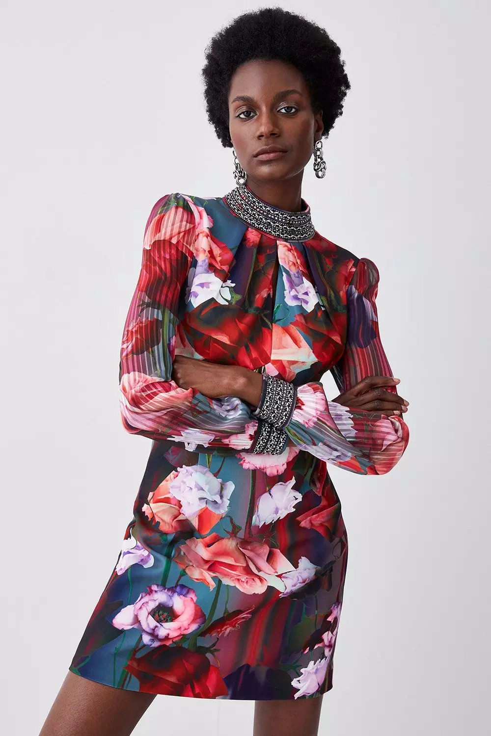 Diamante Trim Floral Woven Mini Dress Karen Millen