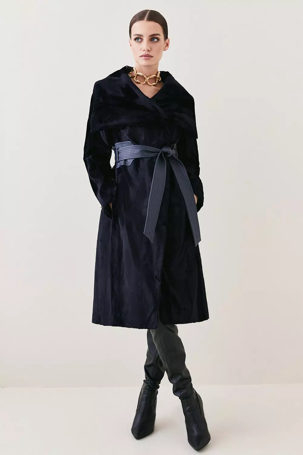 Petite Signature Ponyskin Belted Wrap Coat Karen Millen