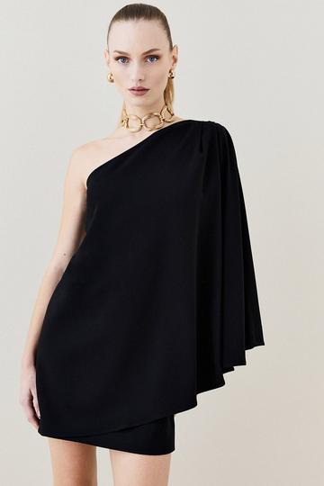 Black Compact Viscose One Shoulder Cape Mini Dress