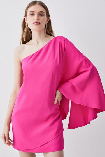 Pink Compact Viscose One Shoulder Cape Mini Dress