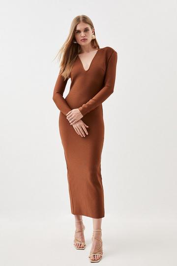 Bandage Form Fitting Deep V-Neck Midaxi Knit Dress toffee