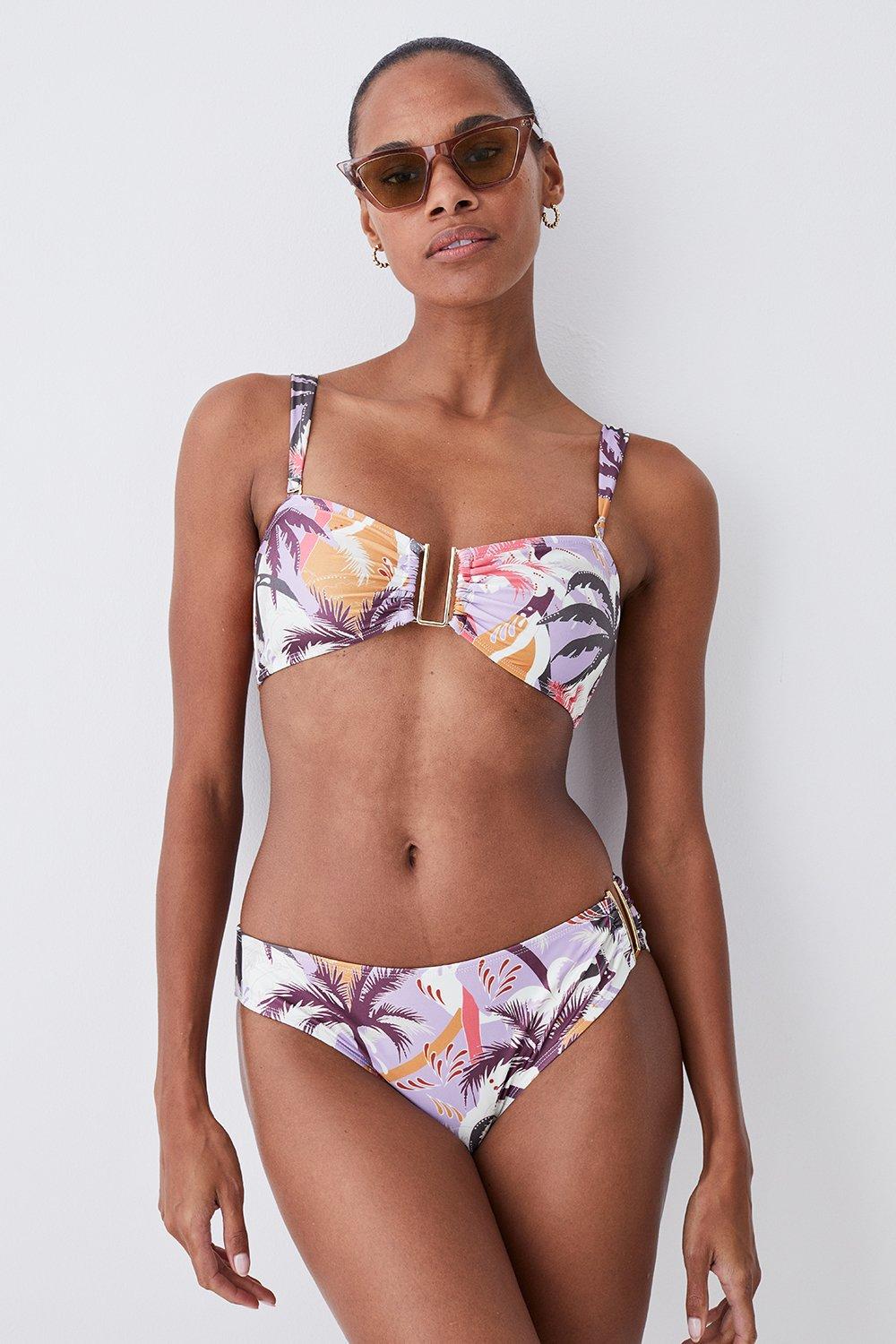 Multi Palm Print Gold Trim Detachable Strap Bikini Top