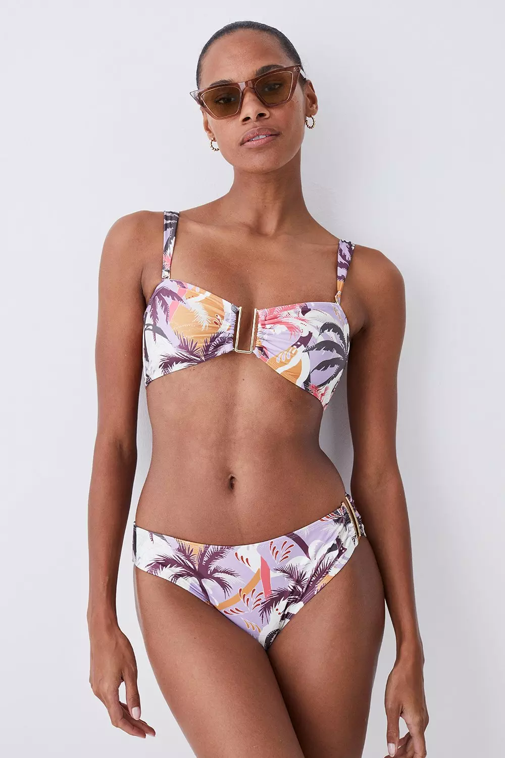Palm Print Gold Trim Detachable Strap Bikini Top Karen Millen