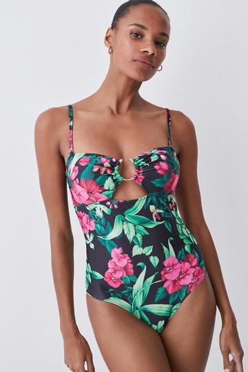 Tropical Print Gold Trim Cut Out Swimsuit multi